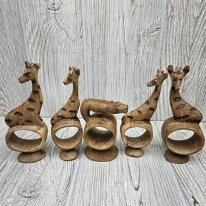 Vintage Hand Carved Wood Napkin Rings Set 5 Giraffe Hippo African‎ Animal Decor